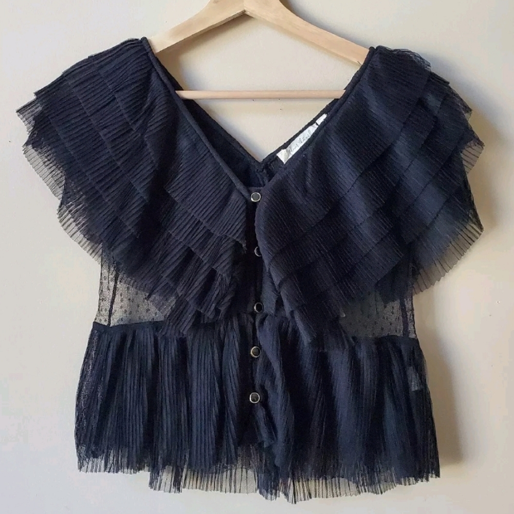 NWT Anthropologie Black Ruffled Button Front Blouse Medium New